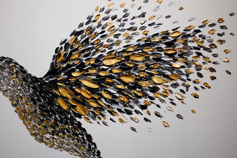 Hedendaagse abstracte gouden kolibries tweeluik schilderij origineel gouden vogels getextureerde olieverf paletmes moderne kunst canvas door Denisa afbeelding 6