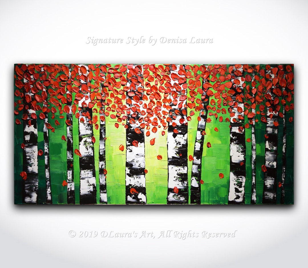 ORIGINAL Abstract Red Birch Trees Painting Impasto Autumn Landscape Oil