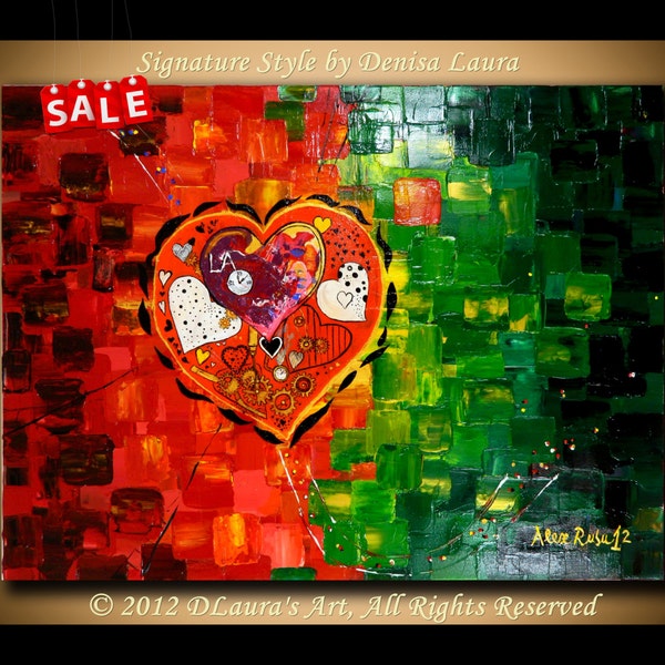Large ORIGINAL Modern Fine Art Steampunk Heart Thick Textured Red Green Painting Made With a Palette Knife by Alex Rusu 32x24