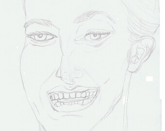 May include: A pencil sketch of a person's face with a wide smile. The person has a long face with a prominent nose and a defined jawline. The eyes are closed and the mouth is open, showing teeth.