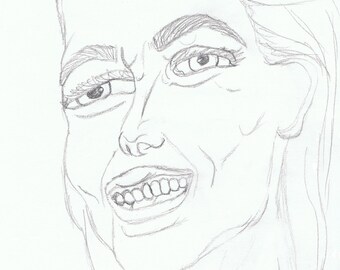 May include: A black and white pencil drawing of a woman's face. She is smiling with her mouth open and her teeth showing. Her eyes are wide open and she has a surprised expression on her face.