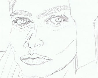 May include: A pencil drawing of a woman's face. The woman has short hair and is looking down with a serious expression. Her eyes are closed and her lips are slightly parted.