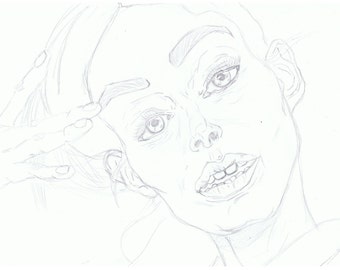 May include: A pencil sketch of a person's face, with one hand resting on their forehead. The person is looking up and smiling.