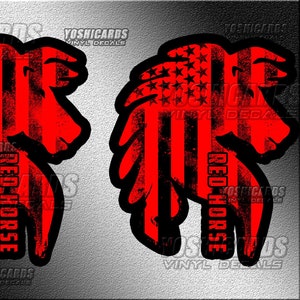 May include: Two red and black silhouette images of a horse's head with the text "RED HORSE" printed vertically on each image. The horse's head is superimposed on an American flag design.