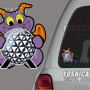 May include: Purple dragon cartoon character holding a silver and white geodesic dome. The dragon has orange wings and a yellow smile. The image is a vinyl decal sticker.