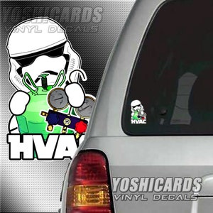 May include: A white cartoon character wearing a helmet and holding a green tank with gauges and hoses. The character is labeled "HVAC".