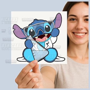 May include: A blue cartoon character wearing goggles and a lab coat, holding a beaker. The character has large eyes and a wide smile. The image is a vinyl decal.