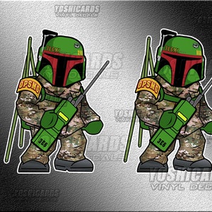 May include: Two vinyl decals of a cartoon Boba Fett character wearing a camouflage uniform and holding a walkie-talkie. The decals feature the text "OPSMG" and "368".