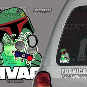 May include: A green and black cartoon character wearing a helmet and holding a green tank with gauges. The character is holding a wrench and the text "HVAC" is below the character.