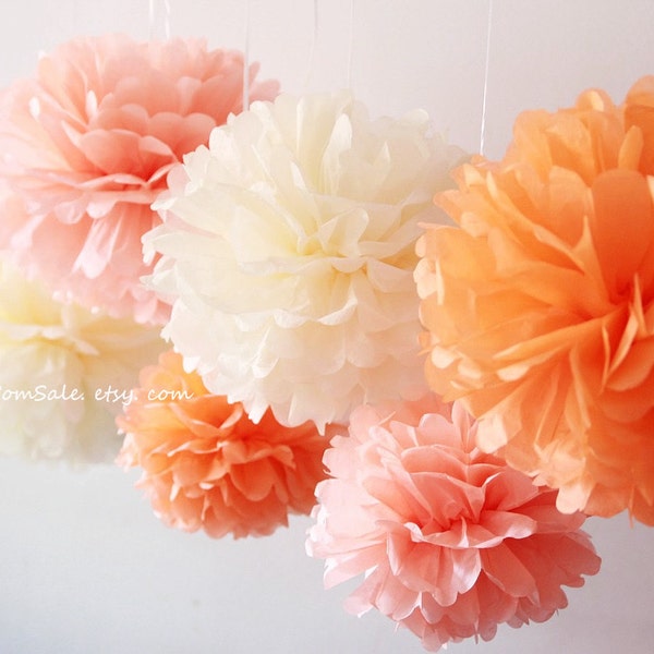 SALE - Warm Sunset - 6 Tissue Paper Pom Poms - for Baby Shower / Baptism / Birthday / Wedding Party Decoration - Fast Shipping