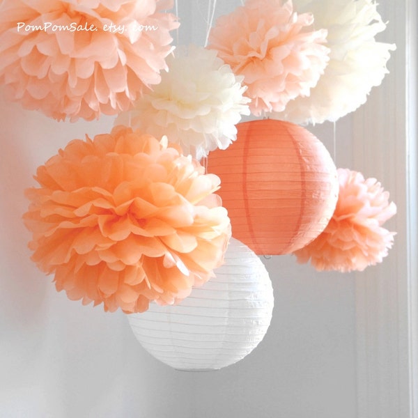 SALE - Fall in Love - 6 Tissue Paper Pom Poms plus 2 Paper Lantern - Fast Shipping - Wedding / Baby Shower / Birthday Party / Nursery Decor