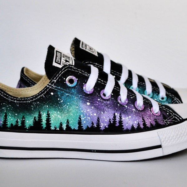 Northern Lights Sneakers, Aurora Borealis, Galaxy Converse, Low Tops, Wedding Shoes, Unique Wedding, Skyline Art, Wearable Art, Starry Night
