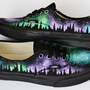 Northern Lights Vans, Aurora Borealis, Custom Painted Sneakers, Authentic Vans, Treeline Painting, Galaxy Sky, Starry Sky, Hand Painted Shoe