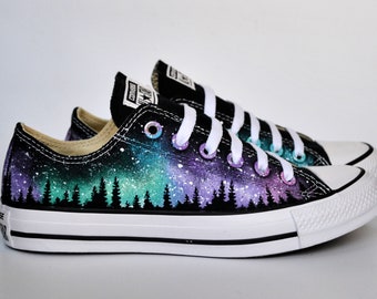 Northern Lights Sneakers, Aurora Borealis, Galaxy Converse, Low Tops, Wedding Shoes, Unique Wedding, Skyline Art, Wearable Art, Starry Night