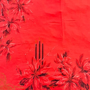 Vintage MCM California Hand Prints Christmas Tablecloth, Red Poinsettias & Candles, Large Rectangular Cotton Table Linen, Midcentury Modern