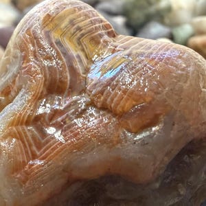 May include: Close-up of a polished, natural stone with a layered pattern. The stone features bands of orange, brown, and white, creating a unique, swirling design. The surface is smooth and reflective, highlighting the natural variations in color and texture.