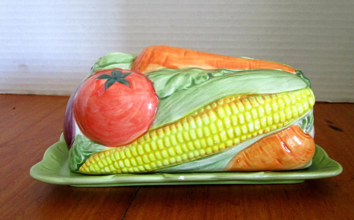 Pottery Barn Embossed Vegetable Covered Butter Dish Rare In Etsy