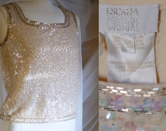 Vintage Wool Glitter ESCADA COUTURE Top Sparkly Gold/Champaigne Tone Very Elegant Blouse Sleeveless Beaded Sequins Colorful Sequins Shirt