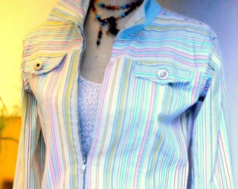 Vintage 90's Canvas Cotton Strech Jacket Pastel Rainbow Stipes Collared Vest Zippered Shirt White Background Unisex Coat Blazer jacket