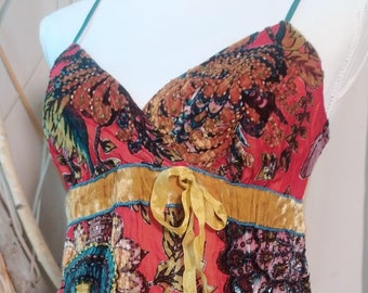 Vintage RARE Unique Hand Embroidered Top Exclusive Beaded Rainbow Flower Sequined Blouse High End Fabric Party Evening Richly Decorated Cami