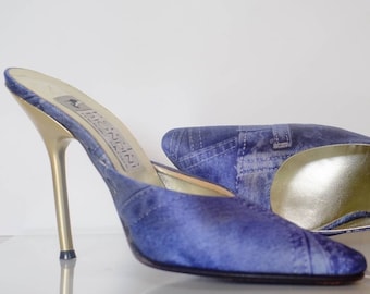 Vintage High Heels by PAOLO BIONDINI Magic Shoes Satin Patchwork Jeans Slip on Heels Slingbacks Stilleto Pointy Toe Mule Shoes Blue Gold