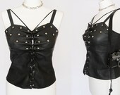 Vintage black leather lace up top with silver studs // Rock, Punk, Goth, Steampunk studded soft leather corset. Size S/M