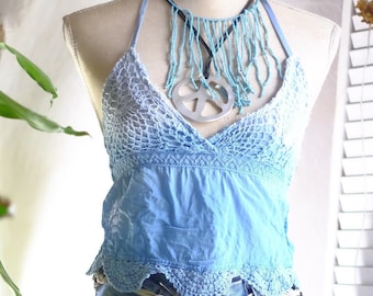 Vintage 90's Halter Crop Gauze Top Tie Ombre Pastel Blue Color Backless Nautical Beach Hippie Vest Boho Festival Cami Knitted Tie Size Small