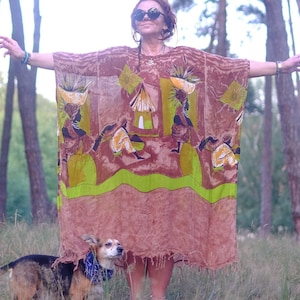 Vintage Midi Fringed Dress Semi Sheer Oversize Loose Unique Kaftan African Womens Printted Lounge Boho Rare Long Gown Cover Up Resort Swim