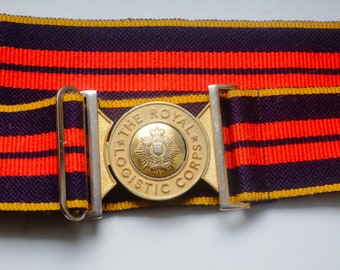 Vintage Wide Women Belt of sackcloth British Army Three Colors Gold Big Circle Buckle with the Inscription Royal Logistic Corps MilitaryBelt