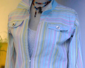 Vintage 90's Canvas Cotton Strech Jacket Pastel Rainbow Stipes Collared Vest Zippered Shirt White Background Unisex Coat Blazer jacket