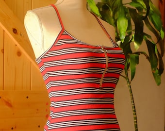 Original Vintage 90s Bodysuit Fitted Jumpsuit Sleeveless Leotard Size L Stretchy Summer Beachwear Party Casual Comfy Designer Style Stripes