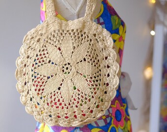 Vintage Natural Raw Paper Rope Bag Round Hand Woven Soft Little Tote Shopping Bag Designer 70s Flower Pattern Smal Shoulder Boho GypsyBeach