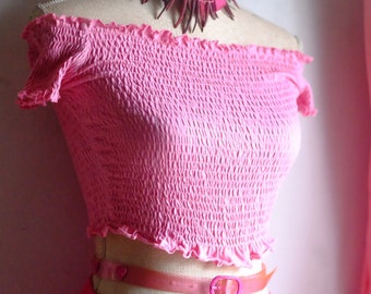 Vintage Y2k Sexy 90s Sweet Pink Popcorn Crop Top Super Stretchy Ruffled Bubble Shirt Size S Scrunch Crinkle Ruched Top Short Sleeve Party