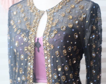 Vintage 80s Embroidered Sequined Black Jacket Jeweled Sheer Mesh Gold Blue Beaded SIZE S-L Long Sleeve Open Front Formal Rich Evening Blazer