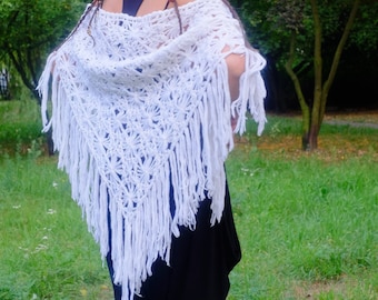 Vintage gran crochet blanco chal encaje con flecos triángulo pura boda bufanda de punto fiesta noche danza del vientre cubrir boho gitano encogimiento de hombros