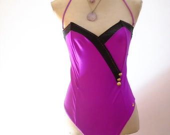 Vintage 80s Beaded Underwire Swimsuit One Piece Sexy Purple Black Bodysuit Size M High Cut Dance Outfit Showgirl Open Back Scenic Costume