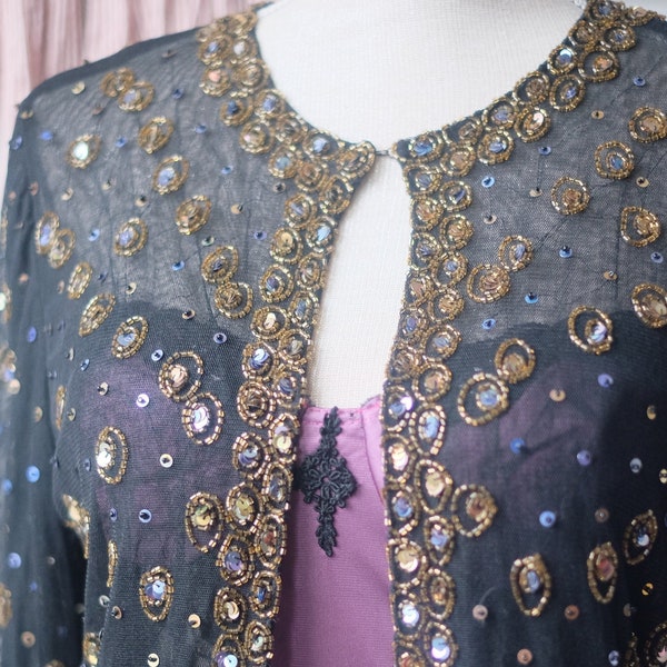 Vintage 80s Embroidered Sequined Black Jacket Jeweled Sheer Mesh Gold Blue Beaded SIZE S-L Long Sleeve Open Front Formal Rich Evening Blazer