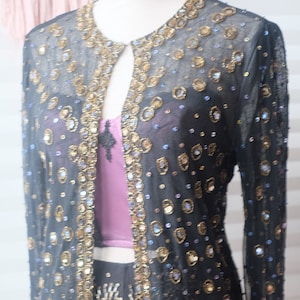 Peut inclure: Une veste noire transparente avec des paillettes dorées et bleues. La veste a des manches longues et une ouverture sur le devant.