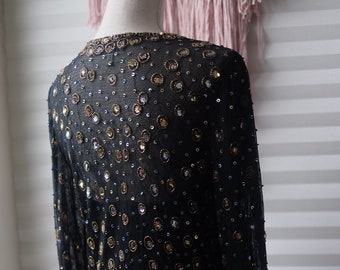 Vintage 80s Embroidered Sequined Black Jacket Jeweled Sheer Mesh Gold Blue Beaded SIZE S-L Long Sleeve Open Front Formal Rich Evening Blazer