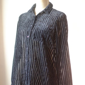 Vintage 90s Velvet Semi Sheer Women Shirt Collared Button Shirt Black Mesh Stripes Long Sleeve Boss Very Sexy See Trough Blouse Rare Size S