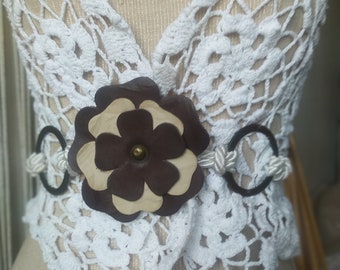 Vintage Simple Tie Belt White Rope Genuine Leather Flower Buckle Dark Brown Ivory Cream Boho Bohemian Hippie Waist Hips Open Size