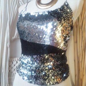 Vintage 80s Sequined Glitter Top Silk Sexy Tie Backless Silver Sparkle Party Colorblock Two Color Silver Black Rare Blouse Open Size Goa Top