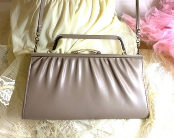 Vintage 80's " A Salisbury's" Classic Shoulder Bag Shadows Beige Handbag Rectangular Evening Clutch Metal Frame Handle Detachable Long Strap