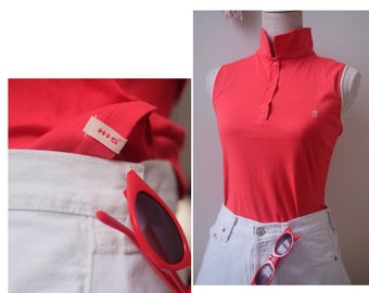 Vintage 80er Jahre H.I.S Juicy Roter Kragen Polo Top Size M Sleveless Golf Tennis Shirt Bequem Tanktop Weekender Casual Bluse Button Up Baumwolle