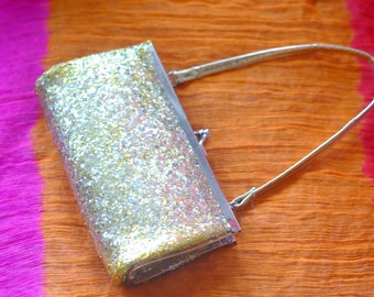 Vintage 90's Glitter Gold Petite Barrel Bag Glamour Cocktail Clutch Very Shiny Handbag Super Elegant Micro Mini Purse Silver Metal Frame