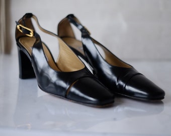 Vintage 80s Original Gianni Versace Leather Pumps Black Patent Size 39EU 6UK 8US Gold Metal Medusa Designer Half Squere Toe Shoes Wide Heels