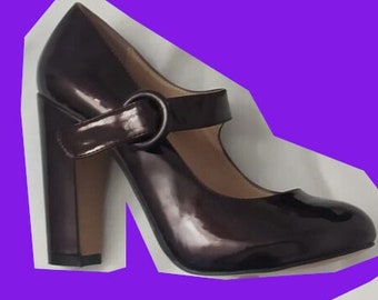 Vintage Glossy Mary Jane High Heels Sexy Patent Deep Dark Purple Shoes  Block Heel Circle Toe Super Classic Pumps Size UK 5 US 8 EU 38 Solid