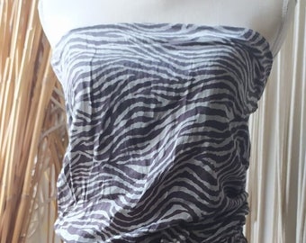 Vintage Silk Short Jumpsuit Zebra Print Strapless Cream Beige Brown colors Size Small Rubber Tie Waist Romper Softly Micro Mini Summer Teddy