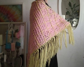 Vintage 70s Large Crochet Fringe Shawl Pink Lime Yellow Triangle Flower of Live Pattern Shiny Gold Metalic Thread Boho Cover Up Belly Dance