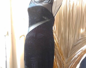 Vintage jaren 90 maxi-jurk zwarte rugloze geplette fluwelen vloerlengte luxe Hollywood elegante lange avondjurk maat M/L Mesh uitgesneden inzetstukken